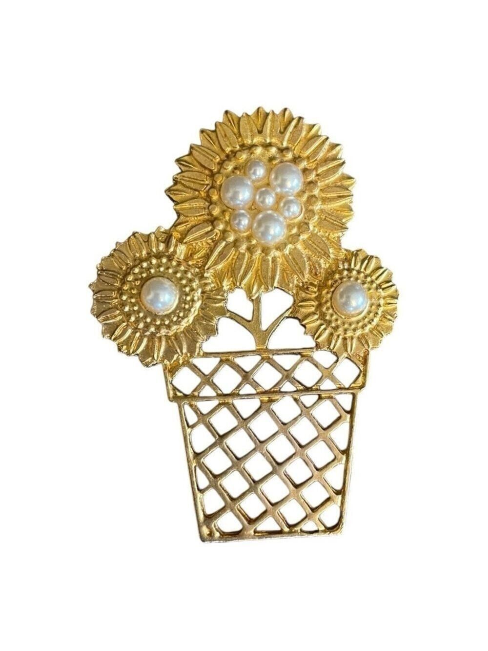 Newpro Gold Floral Brooch with Pearls, Open Basket of Flowers, Vintage.